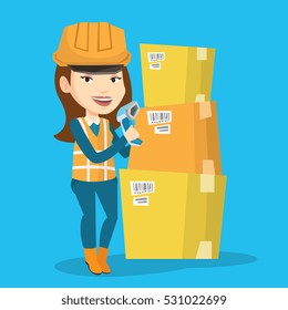 Caucasian warehouse worker scanning barcode on box. Warehouse worker checking barcode of box with a scanner. Warehouse worker in hard hat with scanner. Vector flat design illustration. Square layout.