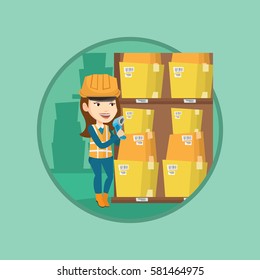 Caucasian warehouse worker scanning barcode on boxes with a scanner. Warehouse worker checking barcode of boxes with a scanner. Vector flat design illustration in the circle isolated on background.