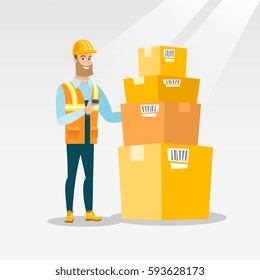 Caucasian warehouse worker scanning barcode on box. Warehouse worker checking barcode of box with a scanner. Warehouse worker in hard hat with scanner. Vector flat design illustration. Square layout.