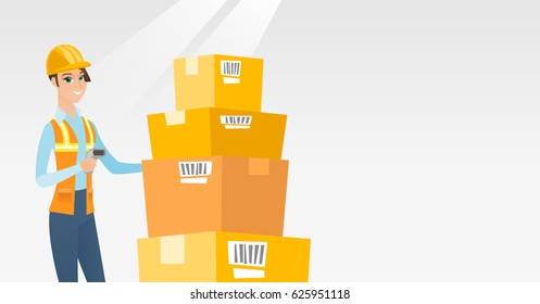 Código de barras de barrido del trabajador de almacén caucásico en la caja. Operador de almacén comprobando código de barras de la caja con escáner. Joven trabajador de almacén sostiene un escáner. Ilustración de diseño plana vectorial. Diseño horizontal.