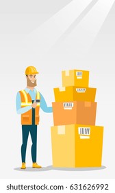 Caucasian warehouse worker scanning barcode on box. Warehouse worker checking barcode of box with a scanner. Warehouse worker in hard hat with scanner. Vector flat design illustration. Vertical layout