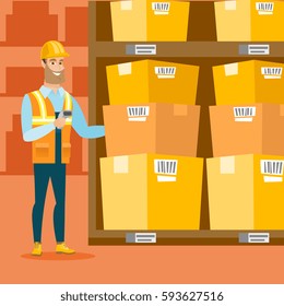 Caucasian warehouse worker working with a scanner. Warehouse worker scanning barcode on box. Warehouse worker checking barcode of boxes with a scanner. Vector flat design illustration. Square layout.