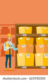 Kaukasischer Lagerarbeiter, der mit einem Scanner arbeitet. Lagerarbeiter scannen Barcode auf Feld. Der Lagerarbeiter überprüft den Strichcode der Felder mit einem Scanner. Vektorflache Design-Illustration. Vertikales Layout