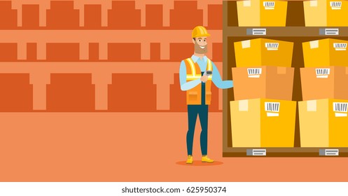 Caucasian warehouse worker working with scanner. Warehouse worker scanning barcode on box. Warehouse worker checking barcode of boxes with a scanner. Vector flat design illustration. Horizontal layout