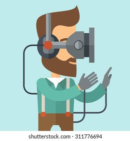 Un caucásico con un casco de realidad virtual. Un estilo contemporáneo con una paleta pastel y un suave fondo azul tintado. Ilustración de diseño plana vectorial. Diseño cuadrado.