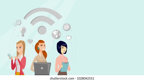 Caucasian white and asian business women using laptop computer, digital tablet, smartphone under wifi symbol. Internet technology and networking concept. Vector cartoon illustration. Horizontal layout