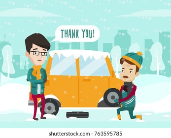 Caucasian white auto mechanic helps a young man to change a tire on car on winter road after a car breakdown. Man replacing the wheel on the car on cold snowy winter day. Vector cartoon illustration.