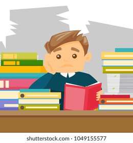 Caucasian white bored university student studying hard before the exams in the library. Sad teacher feeling stress from the checking of test of student. Vector cartoon illustration. Square layout.