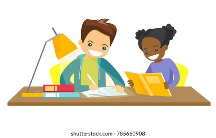 Caucasian white brother and african sister sitting at the table and doing homework together. Girl reading a book while her brother writes in the exercise book. Vector isolated cartoon illustration.