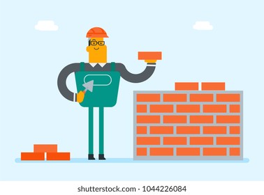 Caucasian white builder working with spatula at the construction site. Young male bricklayer in uniform and hard hat building a brick wall. Vector cartoon illustration. Horizontal layout.