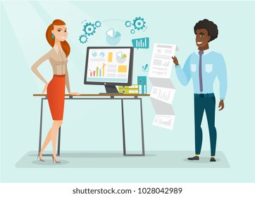 Caucasian white business woman and african-american businessman using computer and paper to give a business presentation. Business presentation concept. Vector cartoon illustration. Horizontal layout.