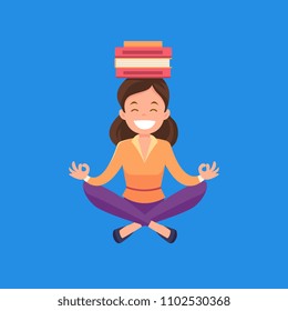 Caucasian white business woman with closed eyes meditating in yoga lotus position. Woman with books on her head relaxing in yoga lotus pose. Vector cartoon illustration isolated on solid background.