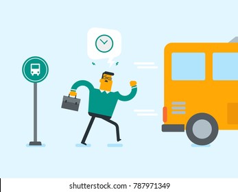 Caucasian White Businessman Running For An Outgoing Bus. Young Man Chasing A Bus. Latecomer Man Running To Reach A Bus. Vector Cartoon Illustration. Square Layout.