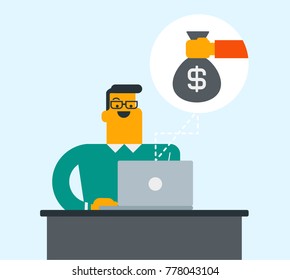 Caucasian white businessman sitting at the workplace with laptop and getting bag of money. Man earning money from online business. Online business concept. Vector cartoon illustration. Square layout.