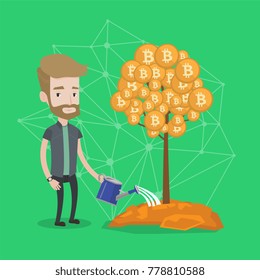 Caucasian white businessman watering tree with bitcoin coins. Investing money to blockchain network technology, ICO initial coin offering and cryptocurrency tokens concept. Vector cartoon illustration