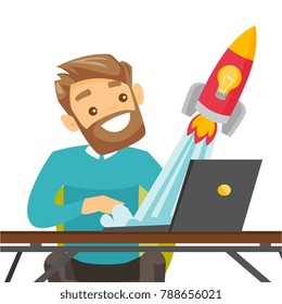 Caucasian white businessman working on a laptop and looking at the rocket. Man working on a new business start up. Business start up concept. Vector cartoon illustration isolated on white background.