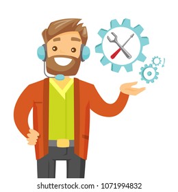 Caucasian white cheerful operator of technical support wearing headphone set. Technical support operator and gear with screwdriver and wrench. Vector cartoon illustration isolated on white background.