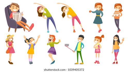 Caucasian white children and adults set. Young man reading newspaper, woman doing stretching warm up exercise, singing into microphone. Set of vector cartoon illustrations isolated on white background