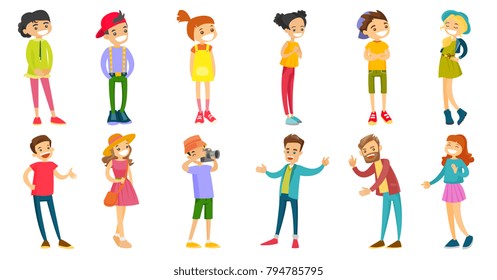 Caucasian white children and adults set. Man yelling and shaking finger, boy taking picture with photo camera, cheerful boys and girls. Set of vector cartoon illustrations isolated on white background