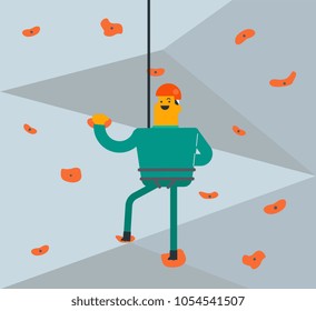 Caucasian white climber in protective helmet climbing on a rock wall indoors at the gym. Young smiling man climbing on a mountain with a safety rope. Vector cartoon illustration. Square layout.