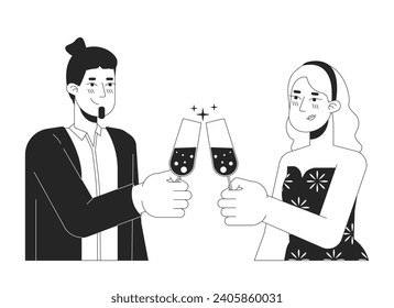 Caucasian white couple clinking glasses black and white 2D line cartoon characters. Deeply in love sweethearts isolated vector outline people. Toasting monochromatic flat spot illustration