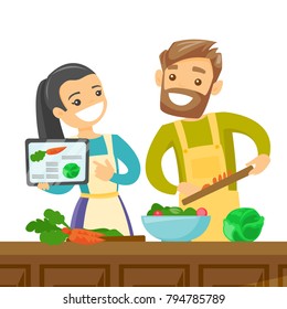 Caucasian white couple following a vegetable meal recipe on tablet and cooking meal together. Couple looking for a recipe in a digital tablet. Vector cartoon illustration isolated on white background.