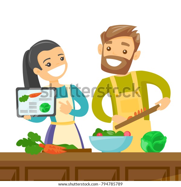 野菜料理のレシピに従った白人の夫婦が タブレットと一緒に料理を作ります 2人でデジタルタブレットでレシピを探している 白い背景にベクターカートーン イラスト のベクター画像素材 ロイヤリティフリー