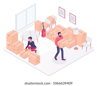 Caucasian white couple moving to a new house and packing boxes. Young woman and man packing stuff in cardboard boxes while moving house. Vector cartoon isometric illustration on white background.