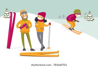 Caucasian white couple of skiers drinking hot coffee from thermos at ski resort. Young woman and man having break after skiing in the mountains. Family vacation concept. Vector cartoon illustration.
