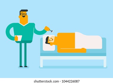 Caucasian white csmetologist applying facial cosmetic mask on face of a young male client in beauty salon. Spa treatment and skin care concept. Vector cartoon illustration. Horizontal layout.