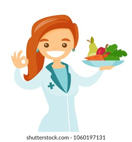 Caucasian White Dietician Holding Plate With Healthy Food. Nutritionist Prescribing Diet And Healthy Eating. Nutritionist Offering Fresh Food. Vector Cartoon Illustration Isolated On White Background.