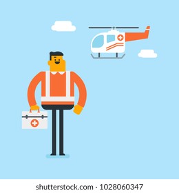 Caucasian white doctor of air ambulance standing on the background of flying rescue helicopter. Full length of doctor of air ambulance holding first aid box. Vector cartoon illustration. Square layout