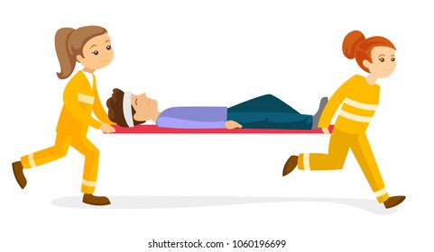 Caucasian white emergency doctors transporting victim after accident on the stretcher. Team of paramedics carrying an injured man on medical stretcher. Vector cartoon illustration. Horizontal layout.