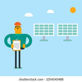 Engenheiro branco caucasiano da usina de energia solar em chapéu duro segurando a prancheta com documentos no fundo de painéis solares. Conceito de energia renovável. Ilustração de desenho animado vetorial. Layout quadrado.
