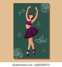 Caucasian white faceless ballet dancer in a purple tutu and pointe shoes dancing on a green poster with flowers and butterflies. Vector illustration in flat style