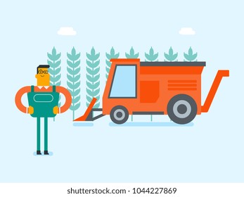Caucasian white farmer standing on the background of combine harvester working in a wheat field. Young farmer and combine harvesting wheat in a field. Vector cartoon illustration.