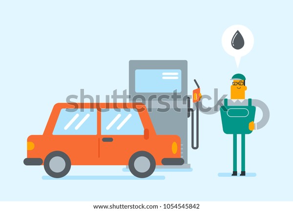 白人のガソリンスタンド労働者が車に燃料を満たしている 作業員の若いガソリンスタンド労働者が車に給油している ベクターカートーンイラスト 水平レイアウト のベクター画像素材 ロイヤリティフリー