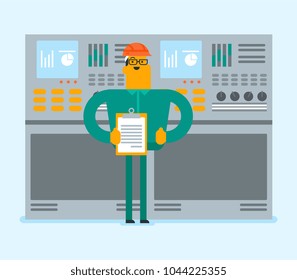 Caucasian white industrial engineer in hard hat working on control panel. Industrial engineer showing clipboard and thumb up in the control room. Vector cartoon illustration. Square layout.