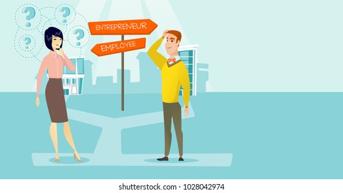 Caucasian White Man And Asian Woman Standing At The Crossroad With Two Career Pathways - Entrepreneur And Employee. People Making A Decision Of Career. Vector Cartoon Illustration. Horizontal Layout.