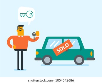 Caucasian White Man Buying A New Car And Holding The Key To His Automobile. Client Of Car Center Showing Key On The Background Of Vehicle With Sold Sign. Vector Cartoon Illustration. Horizontal Layout