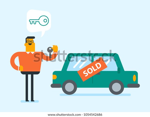 Caucasian white man buying a new car and holding\
the key to his automobile. Client of car center showing key on the\
background of vehicle with sold sign. Vector cartoon illustration.\
Horizontal layout
