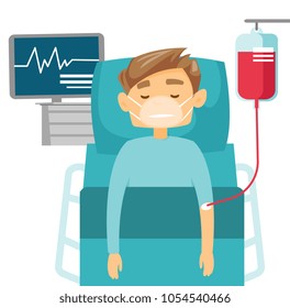 Caucasian white man in coma lying in bed with a heart rate monitor in the hospital. Patient during blood transfusion procedure. Health care concept. Vector cartoon illustration. Horizontal layout.