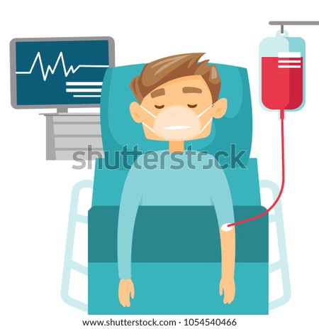 Caucasian white man in coma lying in bed with a heart rate monitor in the hospital. Patient during blood transfusion procedure. Health care concept. Vector cartoon illustration. Horizontal layout.
