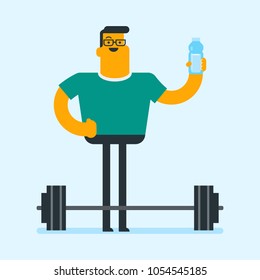Caucasian white man drinking water on the background of barbell. Sportsman standing with the bottle of sport drink in the gym. Healthy lifestyle concept. Vector cartoon illustration. Square layout.