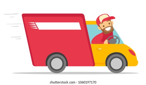 Caucasian White Man Driving A Delivery Truck. Happy Courier Looking Through A Truck Window. Delivery Cargo Service Concept. Vector Cartoon Illustration Isolated On White Background. Horizontal Layout.