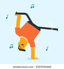 Hombre blanco caucásico bailando con energía. Alegre bailarín de breakdance haciendo paro. Joven sonriente bailando. Estilo de vida saludable, cuidado corporal y concepto deportivo. Ilustración de dibujos animados.