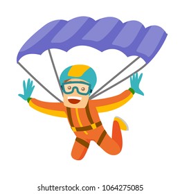 Caucasian white man flying with a parachute. Young happy man paragliding on a parachute. Professional parachutist performing sky dive jump. Vector cartoon illustration isolated on white background.