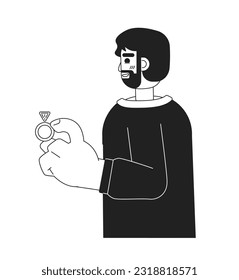 Caucasian white man holding engagement ring monochromatic flat vector character. Romantic proposal. Editable thin line full body person on white. Simple bw cartoon spot image for web graphic design