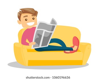 Caucasian white man laying on the couch and relaxing with a newspaper at home. Young man reading the news in newspaper. Vector cartoon illustration isolated on white background. Horizontal layout.
