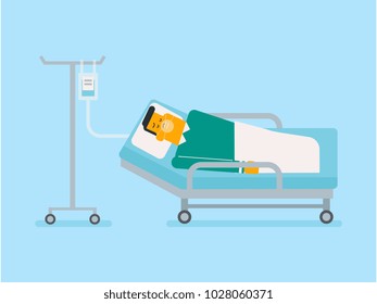 Caucasian white man lying in hospital bed with an oxygen mask and a drop counter. Patient in coma recovering in bed in a hospital. Health care concept. Vector cartoon illustration. Square layout.